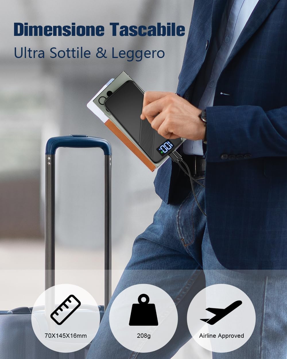 Power Bank 10000mAh Ultra Sottile & Leggero Ricarica Rapida USB C