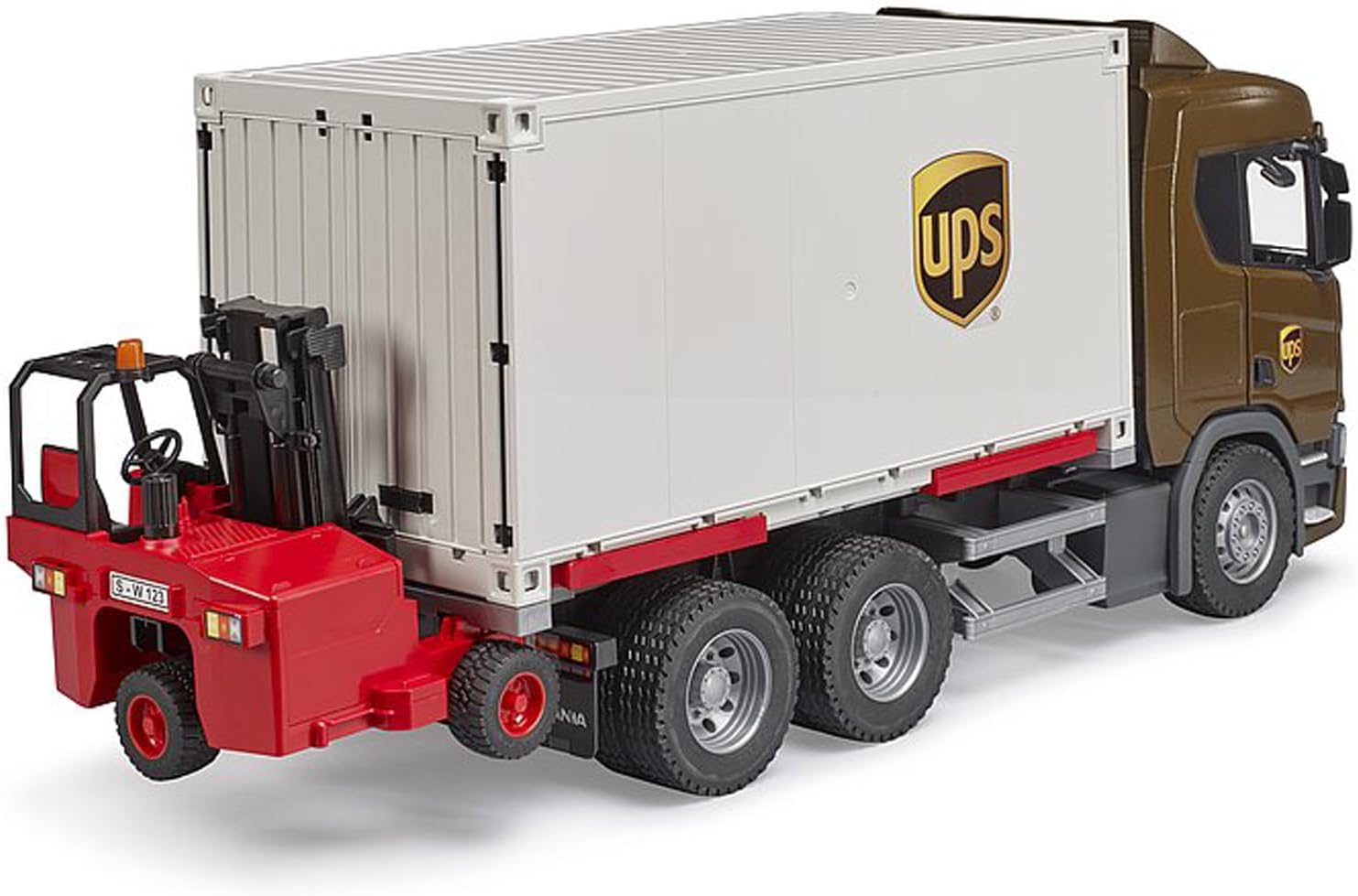 Camion logistica UPS con carrello elevatore Scania Super 560R 03582 Bruder