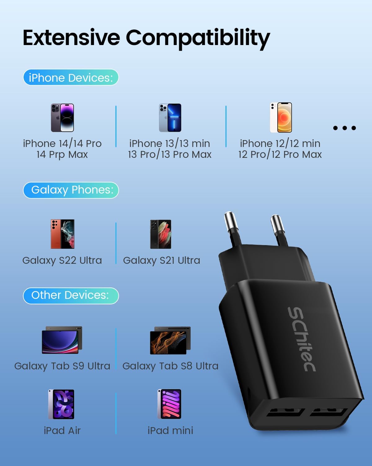 Caricatore USB muro 2 porte 5V/2,1A universale