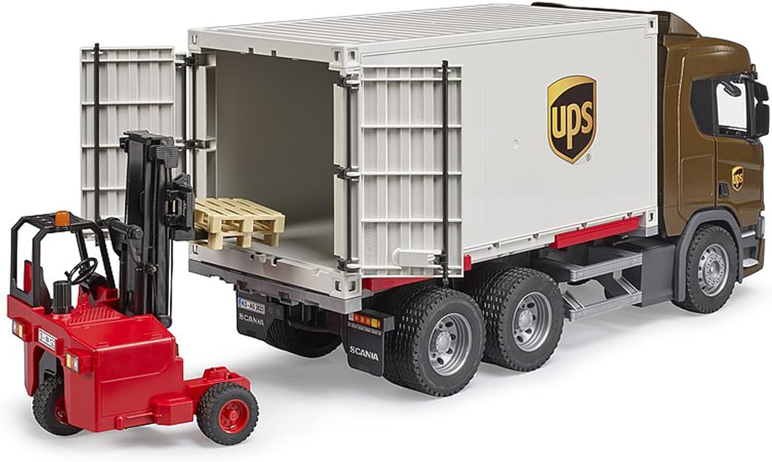 Camion logistica UPS con carrello elevatore Scania Super 560R 03582 Bruder
