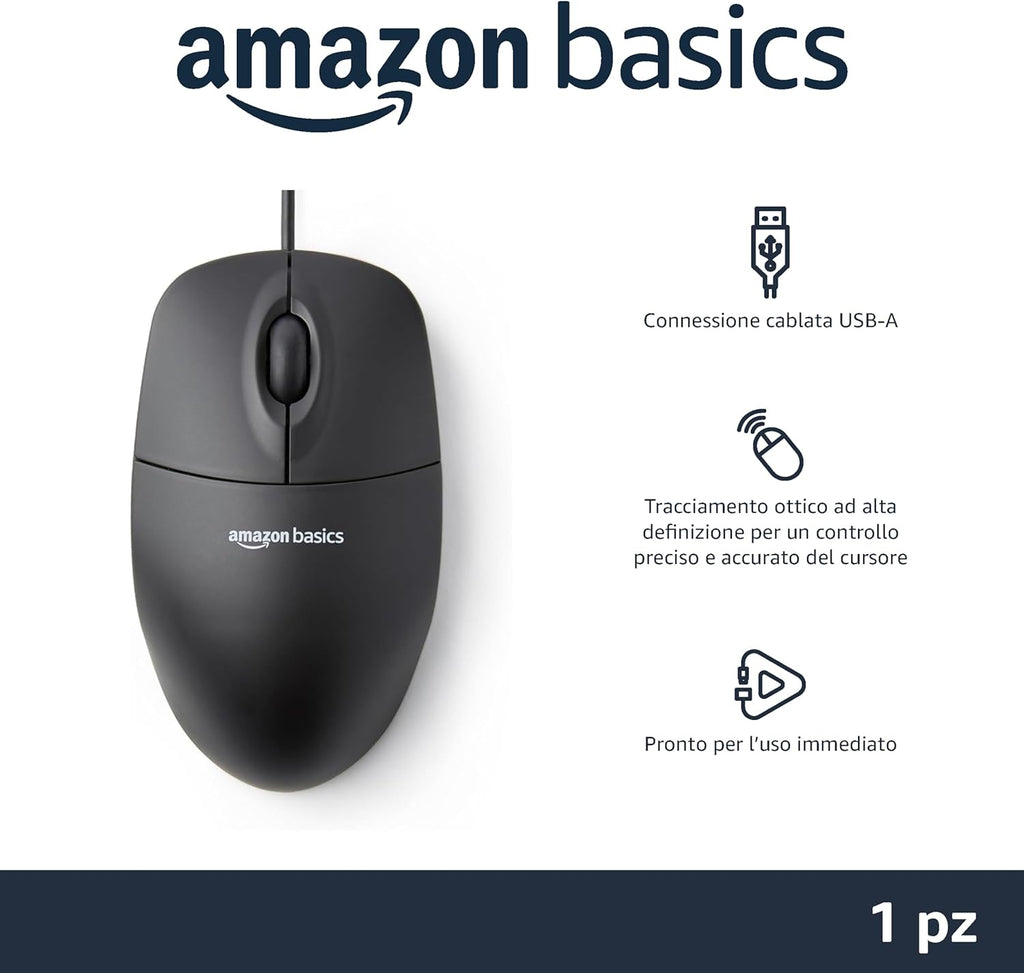 Mouse ottico nero con USB e 3 pulsanti per Windows e Mac OS X Amazon Basics