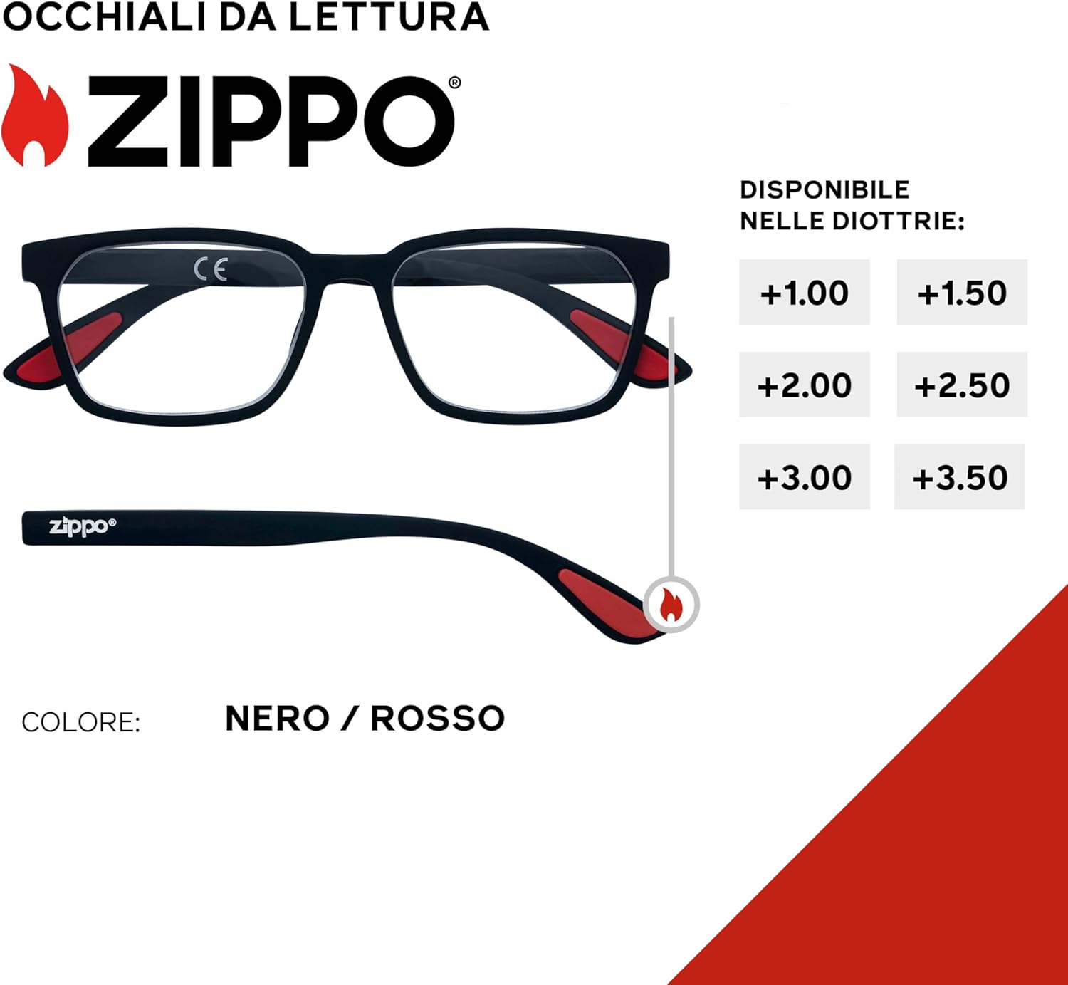 Occhiali da Vista Zippo +1.0 nero dettaglio rosso