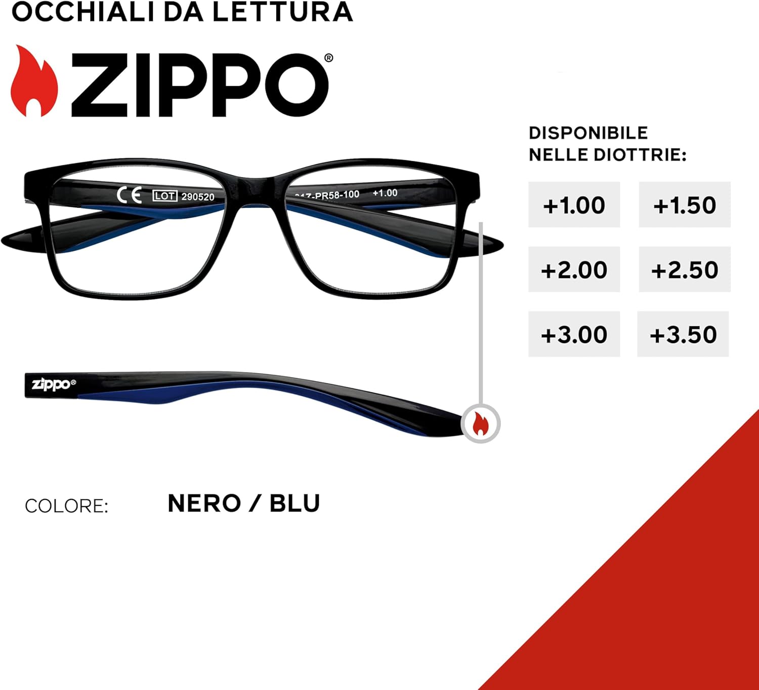 Occhiali da Vista +3.0 Zippo nero lucido dett. blu