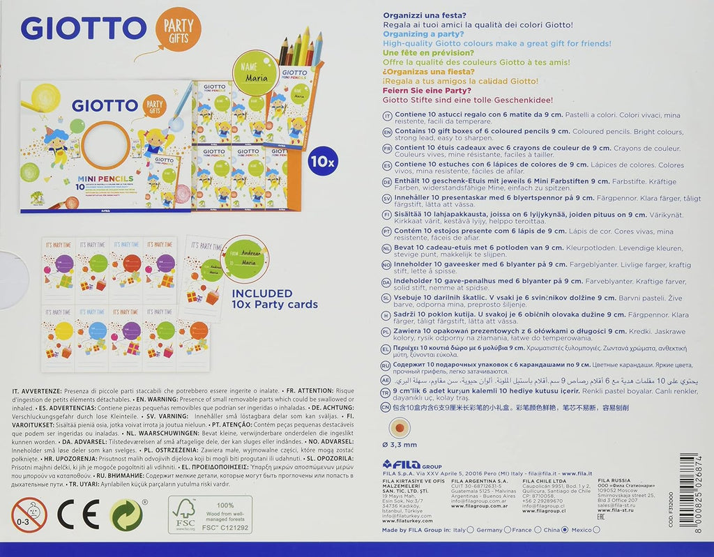 Party Set Mini Pencils, 10 astucci da 6 mini matite Giotto